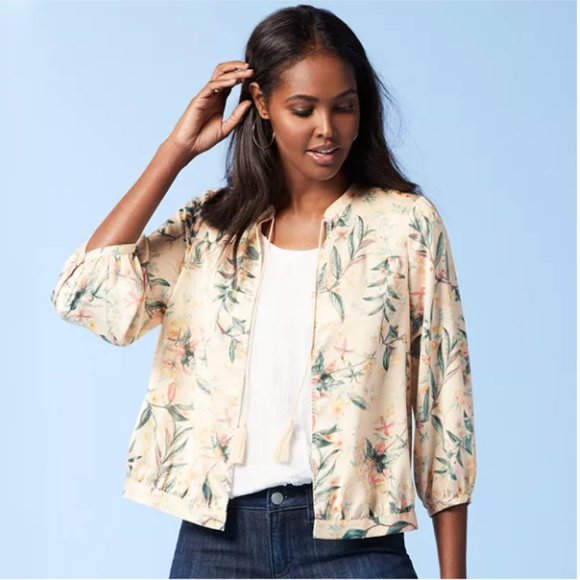 LC Lauren Conrad Jackets & Blazers - LC Lauren Conrad Floral Lightweight Bomber Jacket Size XXL Cream, pink, green,